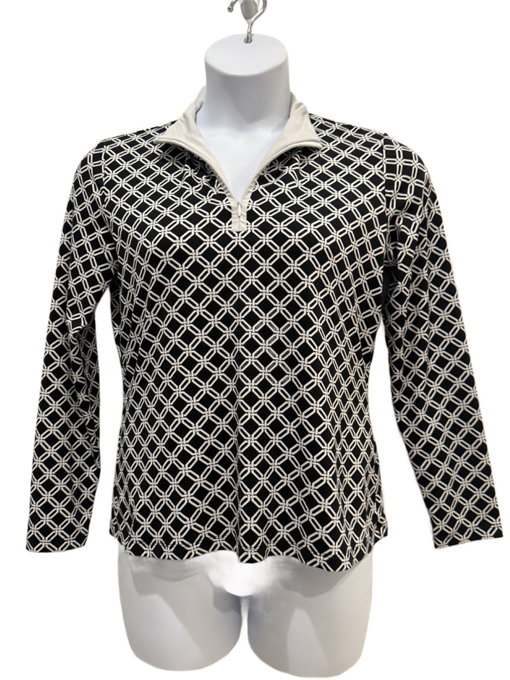 J. McLaughlin Black & Cream Geometric Quarter-Zip Top. Large
